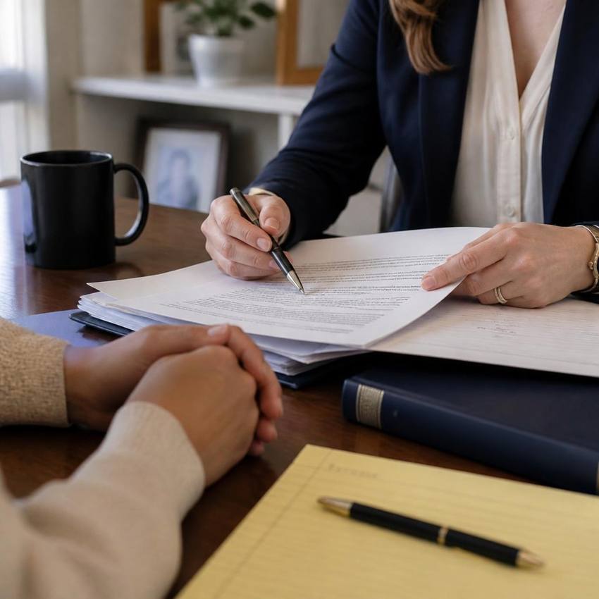Attorney reviewing accident claim paperwork with a client